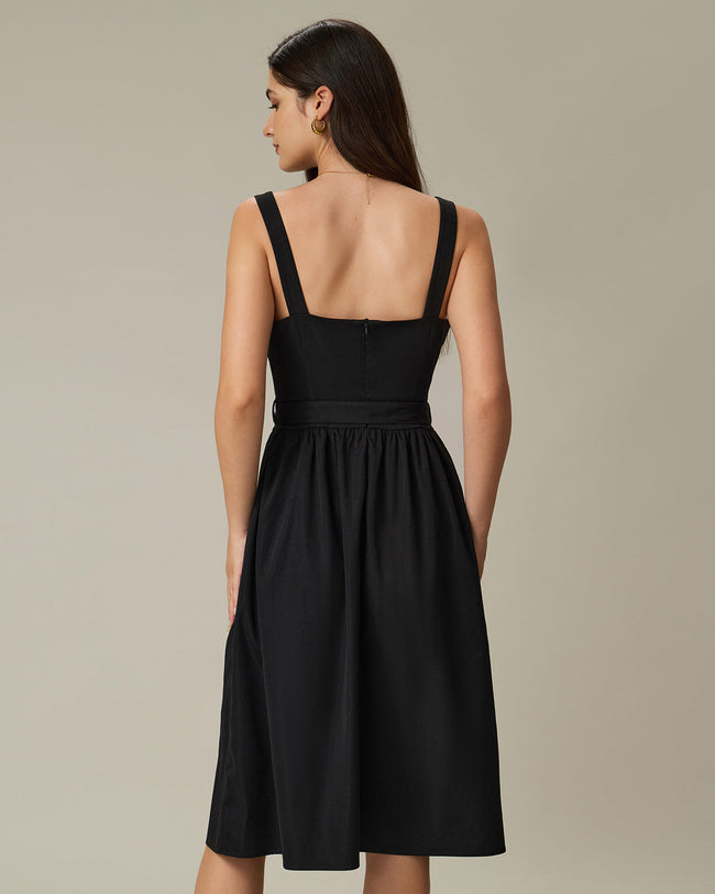 Black Square Neck Ruched Slip Midi Dress