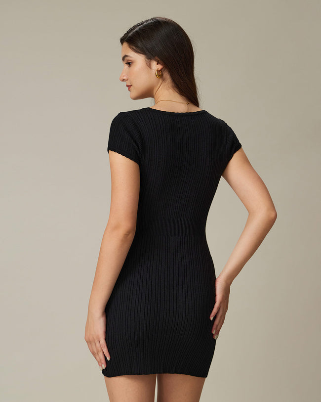 Black Round Neck Ribbed Mini Dress