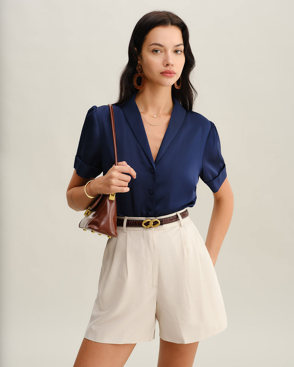 Navy satin button blouse for women's office outfits