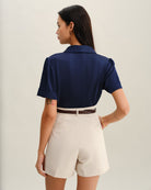 Navy Satin Button Blouse