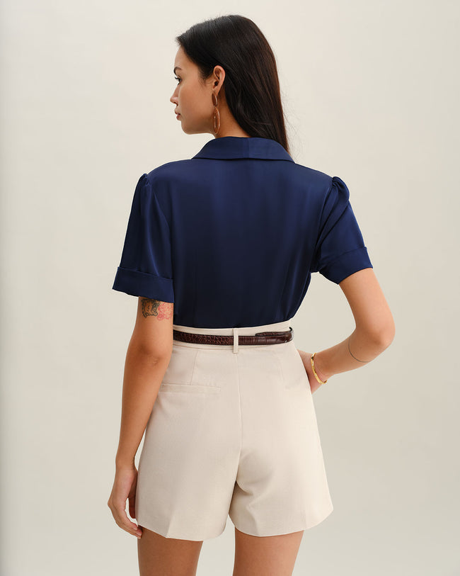 Navy Satin Button Blouse & Reviews - Navy - Tops | RIHOAS