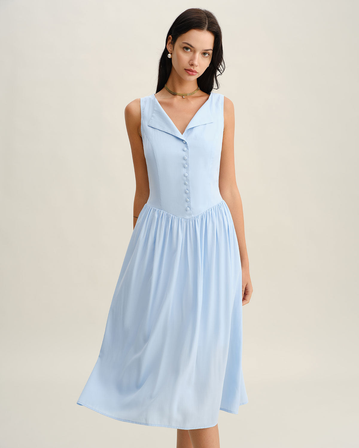 Blue V Neck Button Sleeveless Midi Dress