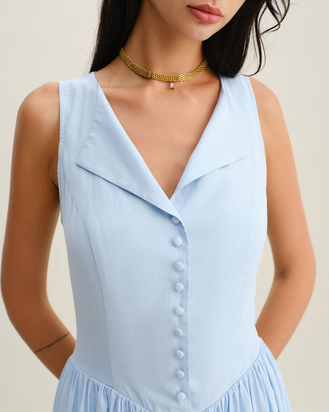 Blue V Neck Button Sleeveless Midi Dress