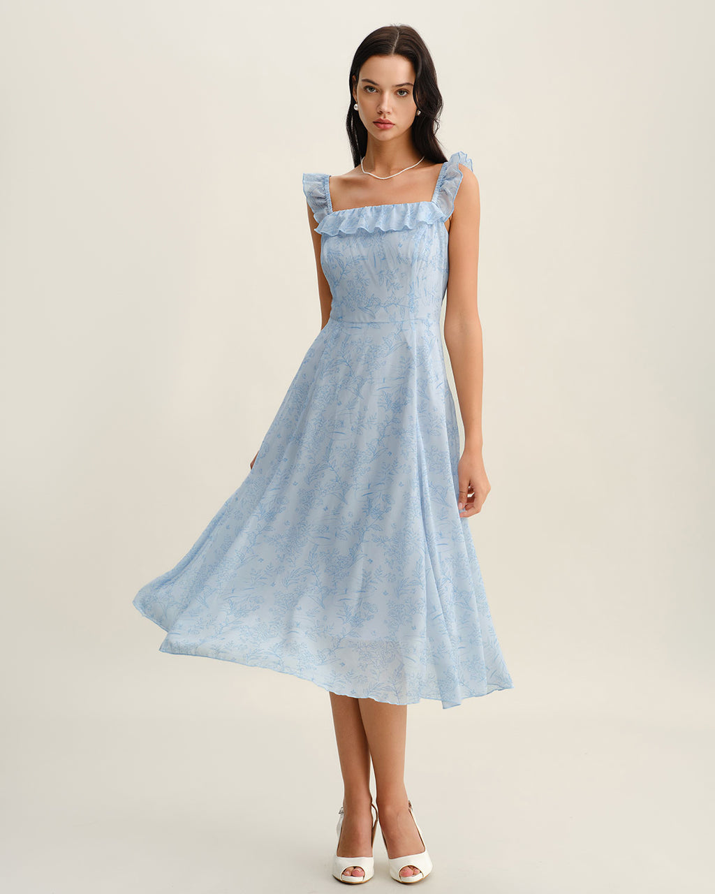 Blue Square Neck Ruffle Midi Dress