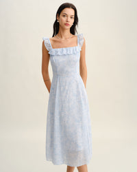 Blue Square Neck Ruffle Midi Dress
