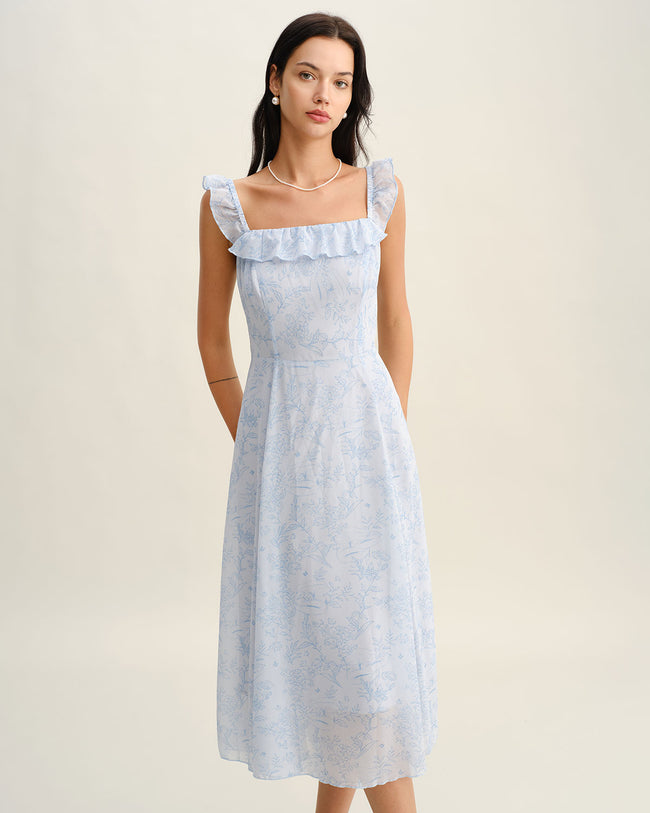 Blue Square Neck Ruffle Midi Dress