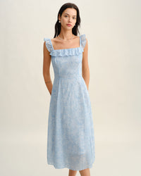 Blue Square Neck Ruffle Midi Dress