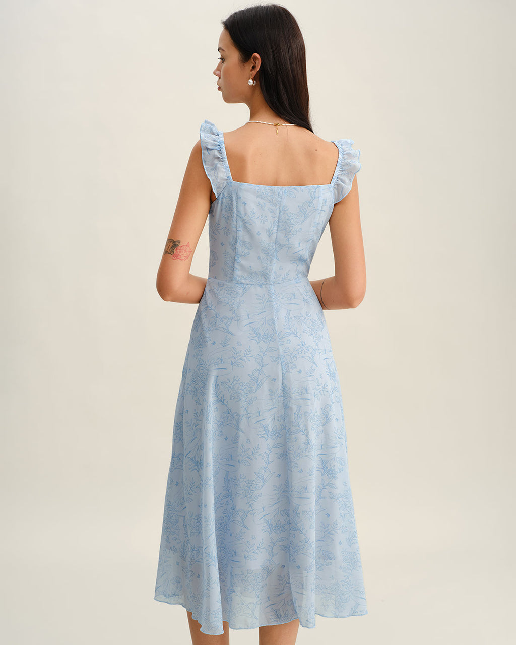Blue Square Neck Ruffle Midi Dress