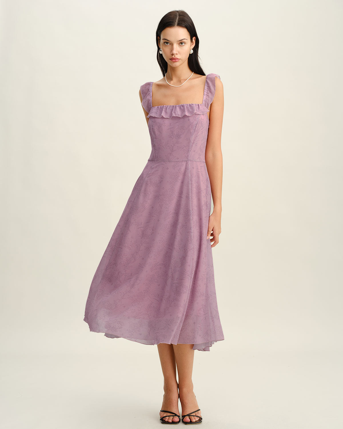 Purple Floral Square Neck Ruffle Slip Midi Dress