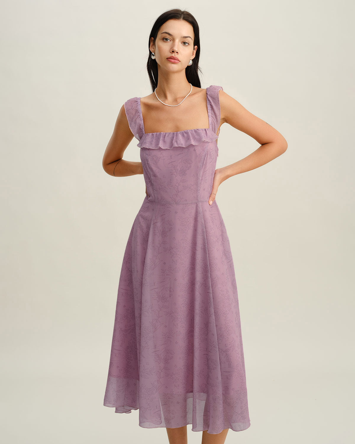 Purple Floral Square Neck Ruffle Slip Midi Dress
