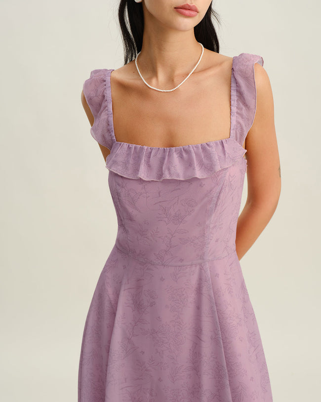 Purple Floral Square Neck Ruffle Slip Midi Dress
