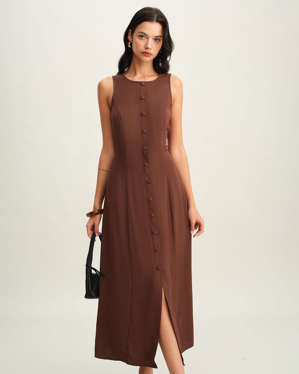 Brown Round Neck Button Sleeveless Maxi Dress