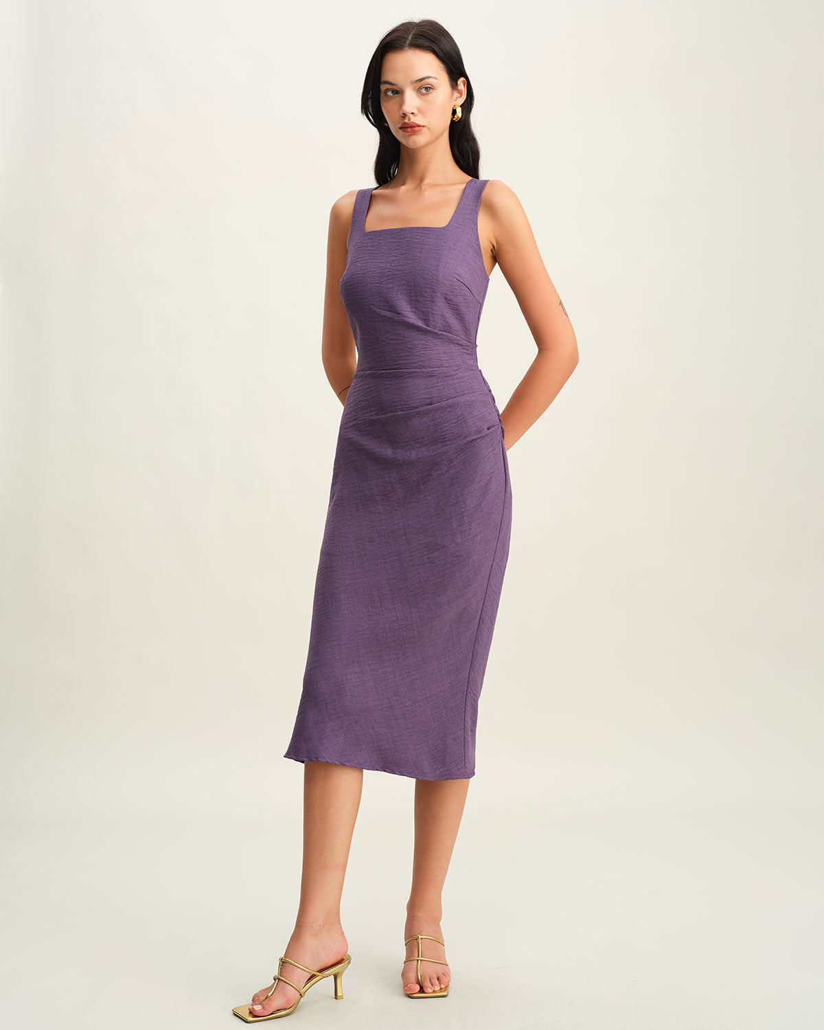 Purple Square Neck Slip Midi Dress