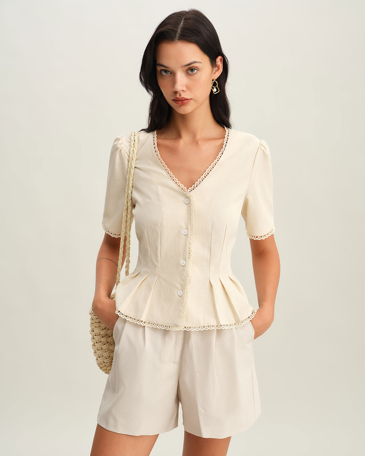 Beige V Neck Pleated Button Blouse