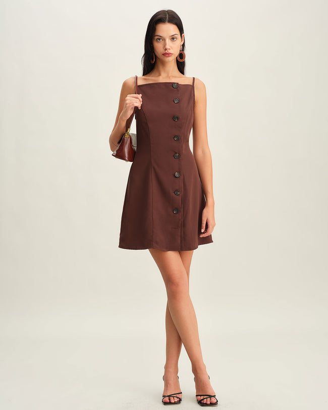 Brown Button Pleated Slip Mini Dress