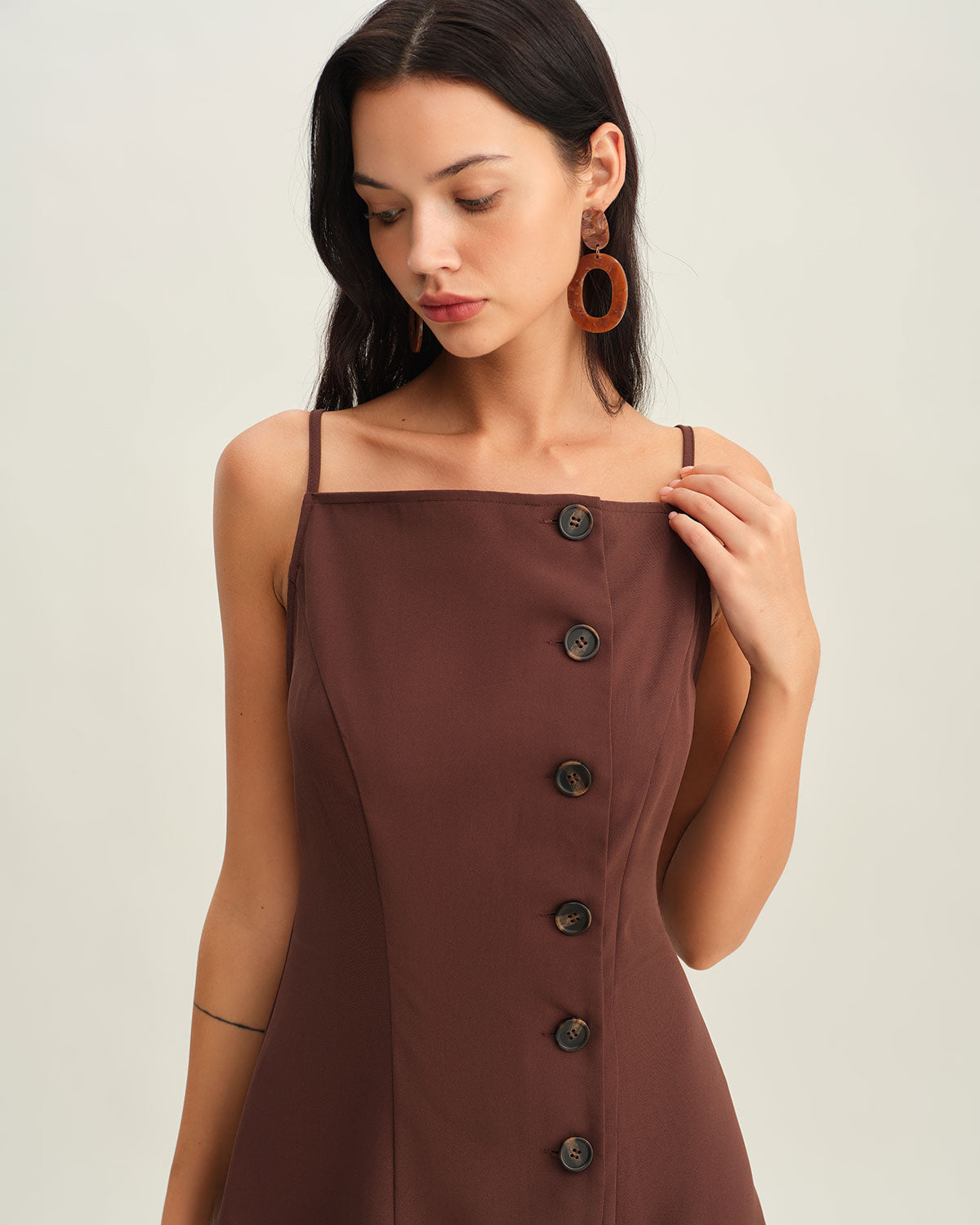 Brown Button Pleated Slip Mini Dress