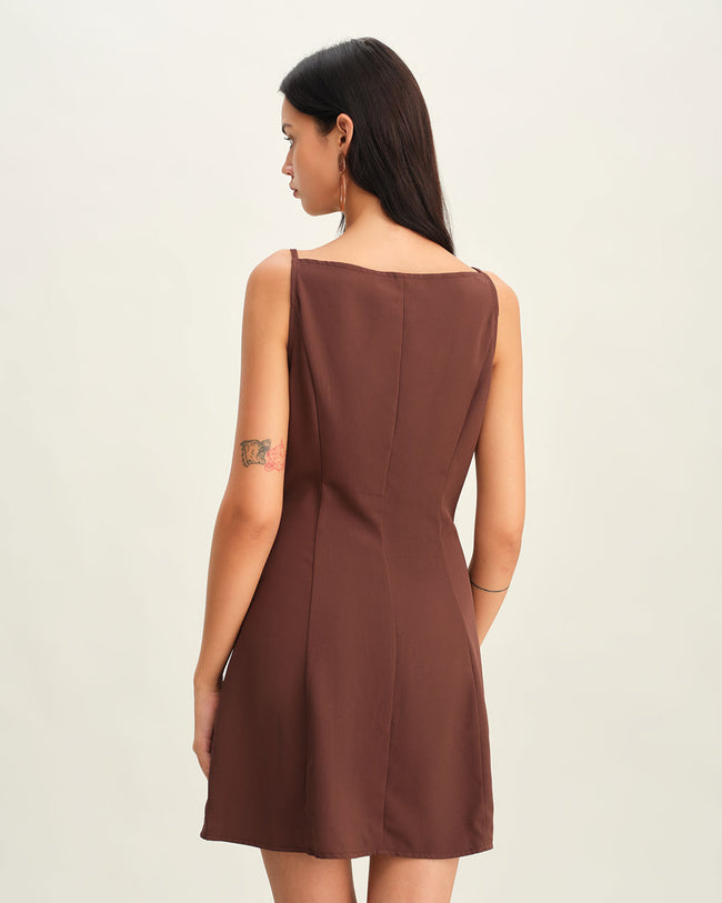 Brown Button Pleated Slip Mini Dress