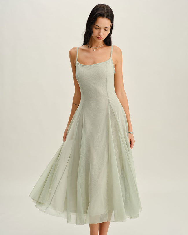 Grünes A-Linien-Kleid mit Faltenrock, Midi-Länge