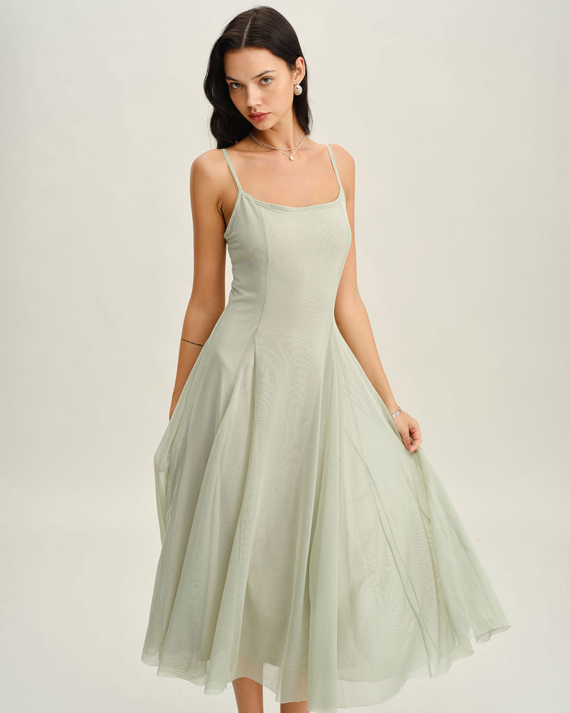 Green A-Line Slip Pleated Midi Dress