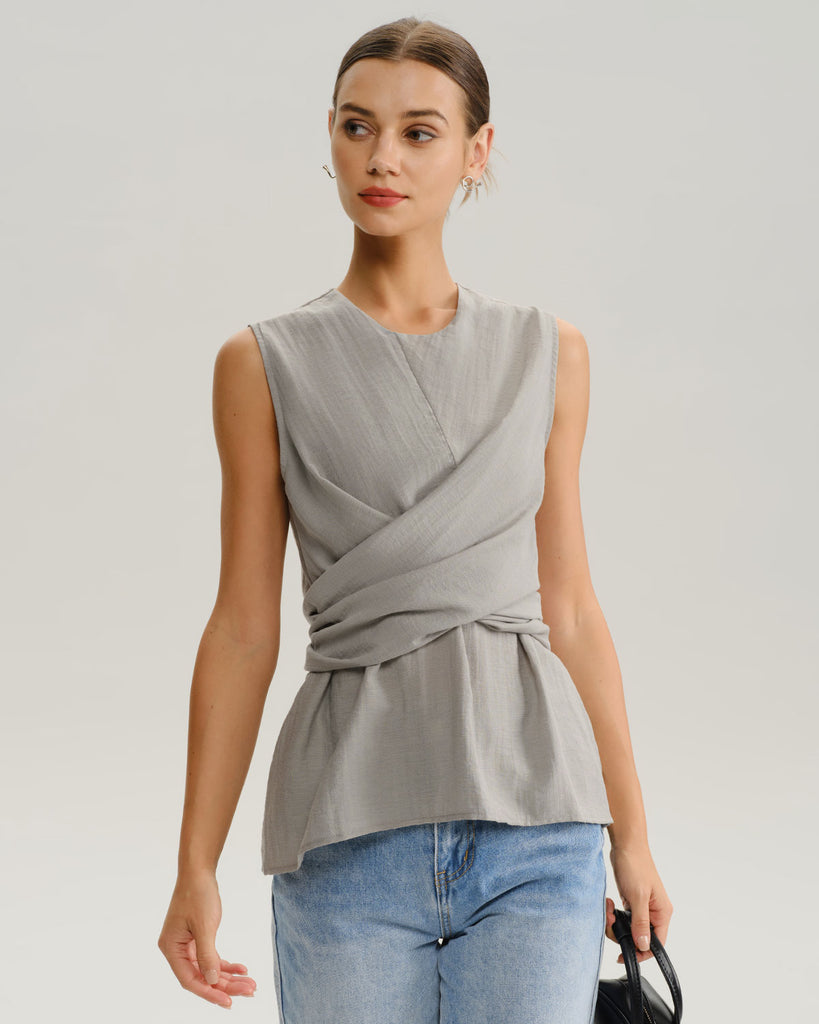 Grey Round Neck Wrap Tank Top