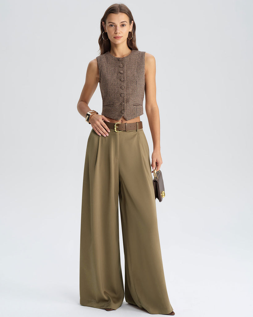 Khaki Natural Waisted Wide Leg Casual Pants