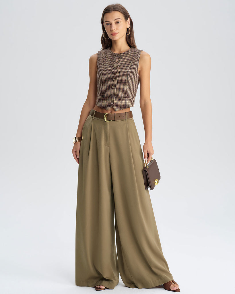 Khaki Natural Waisted Wide Leg Casual Pants