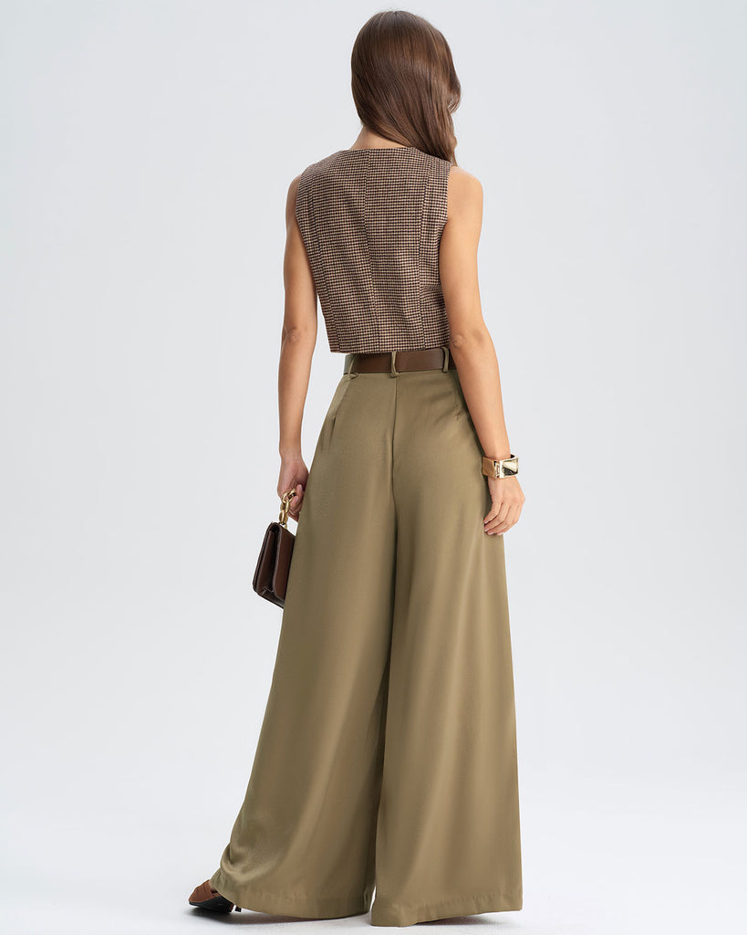 Khaki Natural Waisted Wide Leg Casual Pants