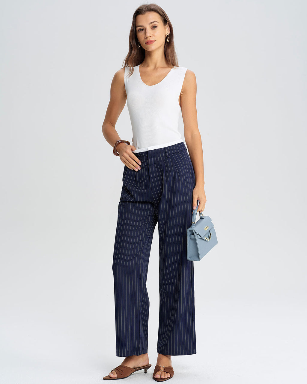 Blue Striped Straight Casual Pants