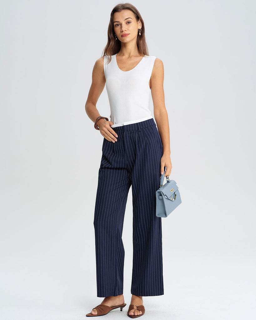 Blue Striped Straight Casual Pants