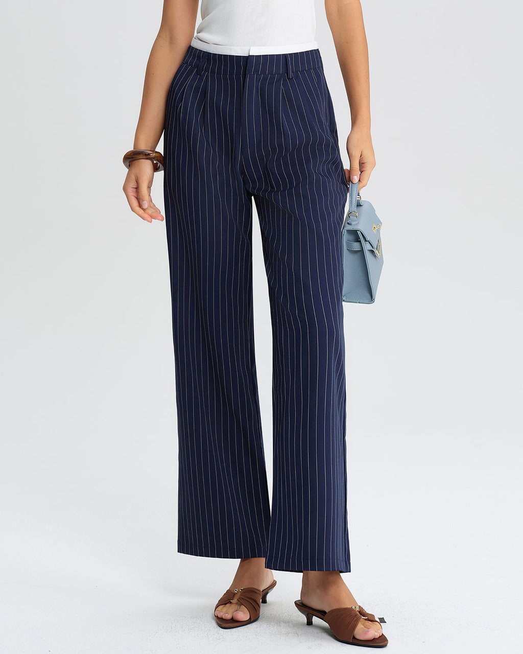 Blue Striped Straight Casual Pants
