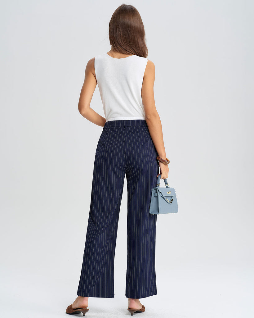 Blue Striped Straight Casual Pants