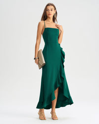 Green Ruffle Backless Slip Maxi Dress