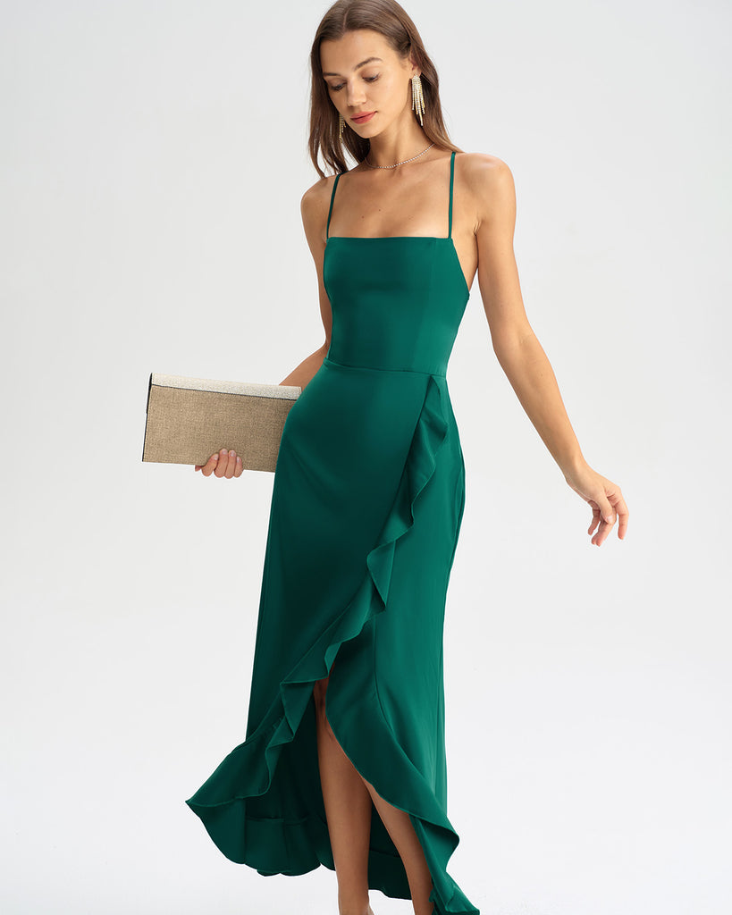 Green Ruffle Backless Slip Maxi Dress