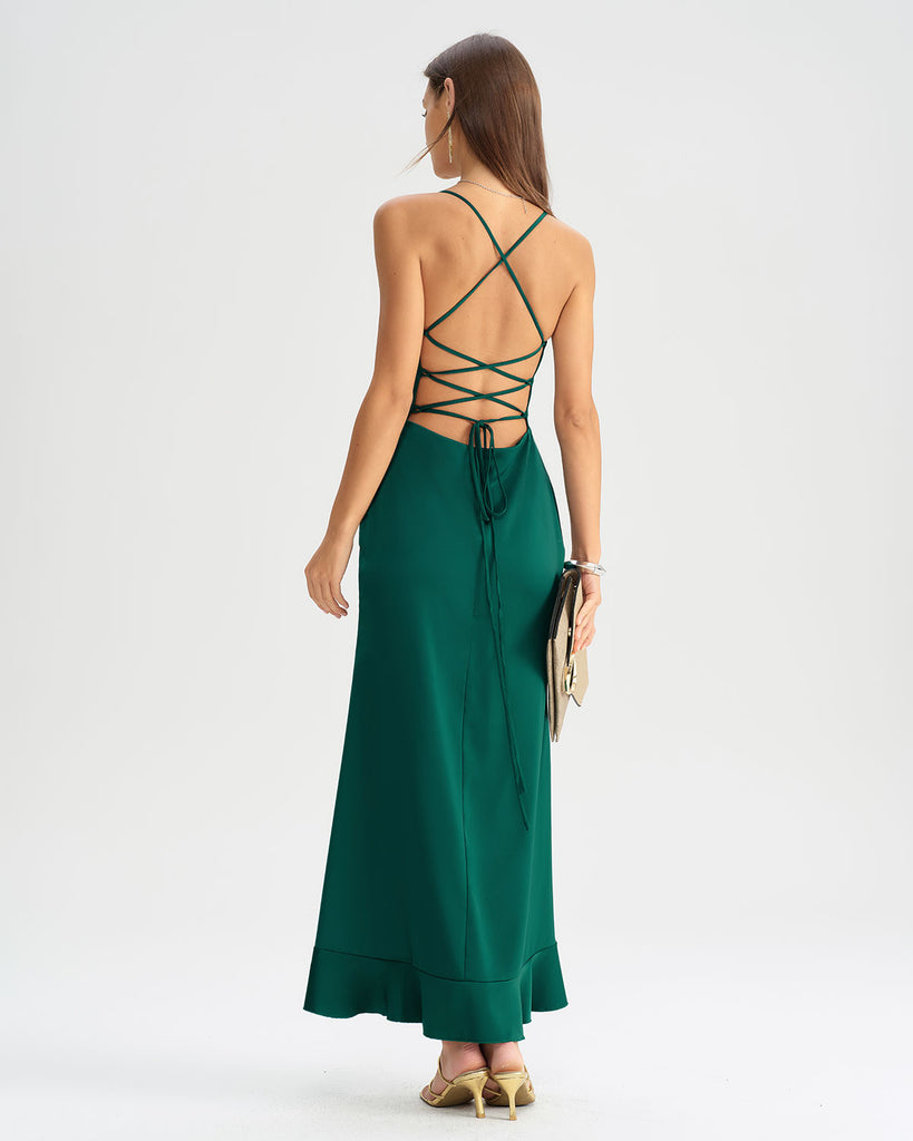 Green Ruffle Backless Slip Maxi Dress
