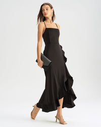 Black Ruffle Backless Slip Maxi Dress