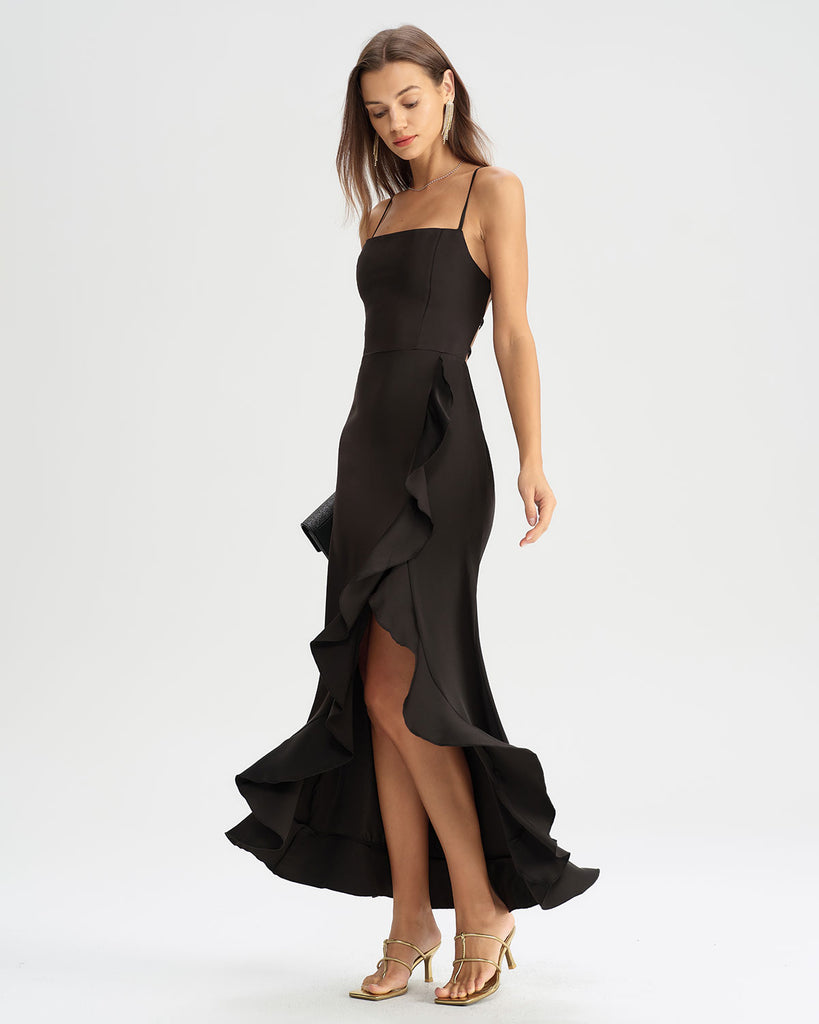 Black Ruffle Backless Slip Maxi Dress