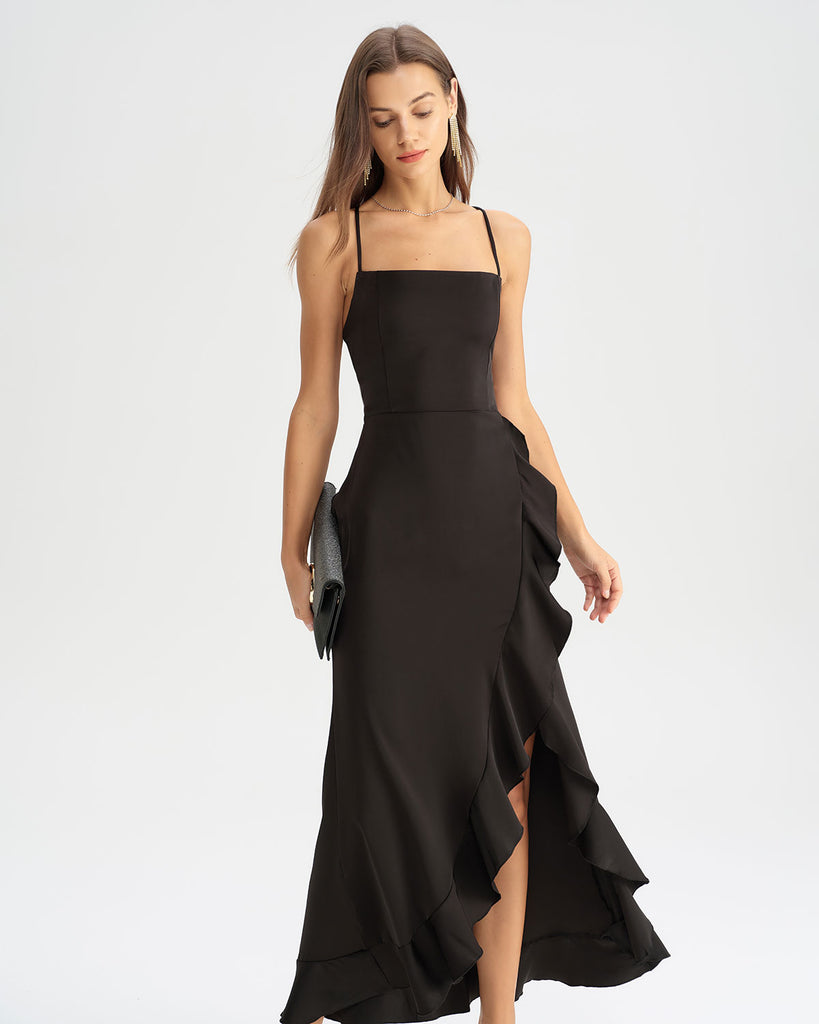 Black Ruffle Backless Slip Maxi Dress