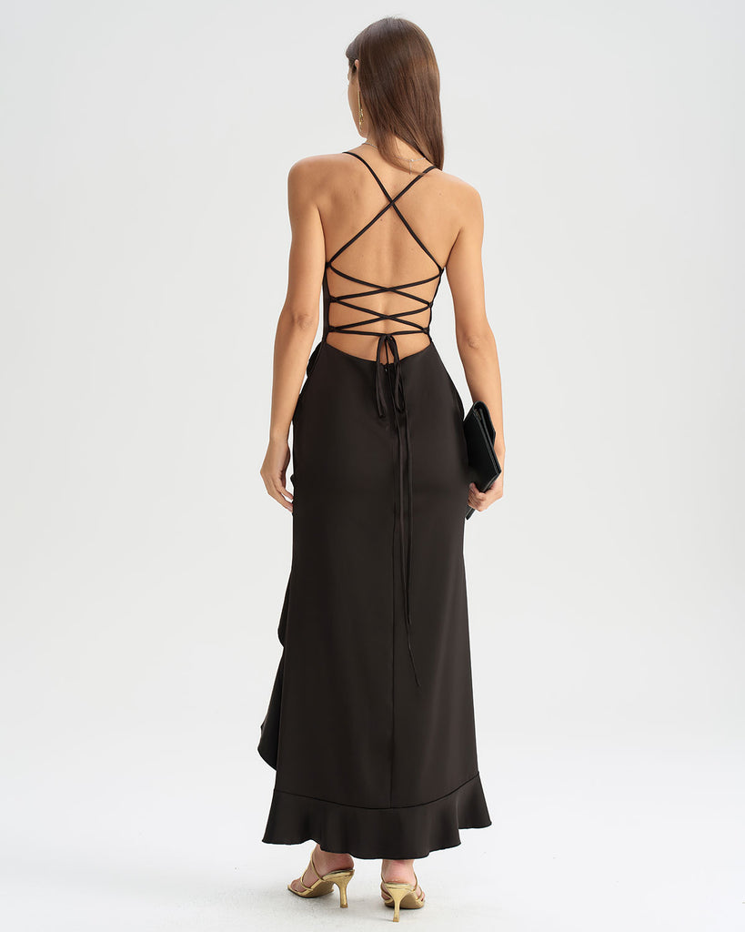 Black Ruffle Backless Slip Maxi Dress