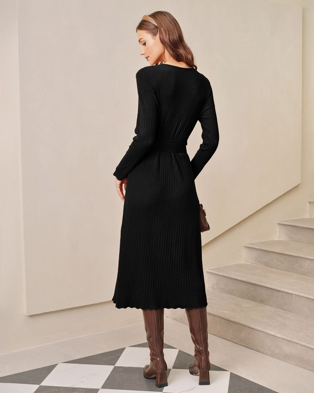 Black V Neck Wrap Knit Midi Dress