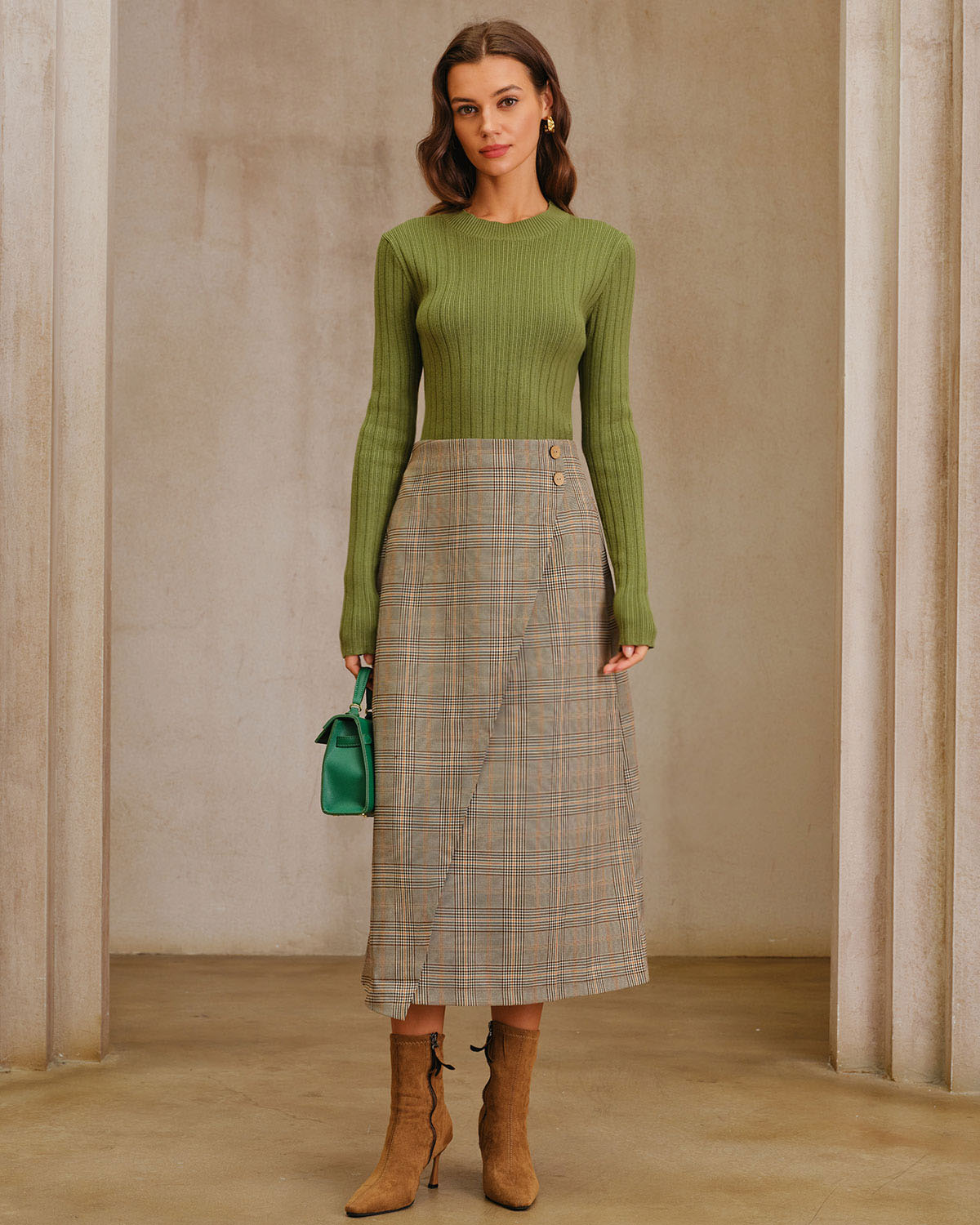 Khaki Plaid Wrap Slit Midi SKirt
