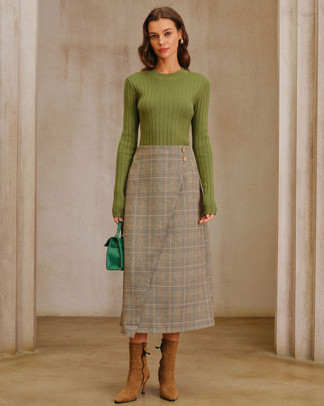 Khaki Plaid Wrap Slit Midi SKirt