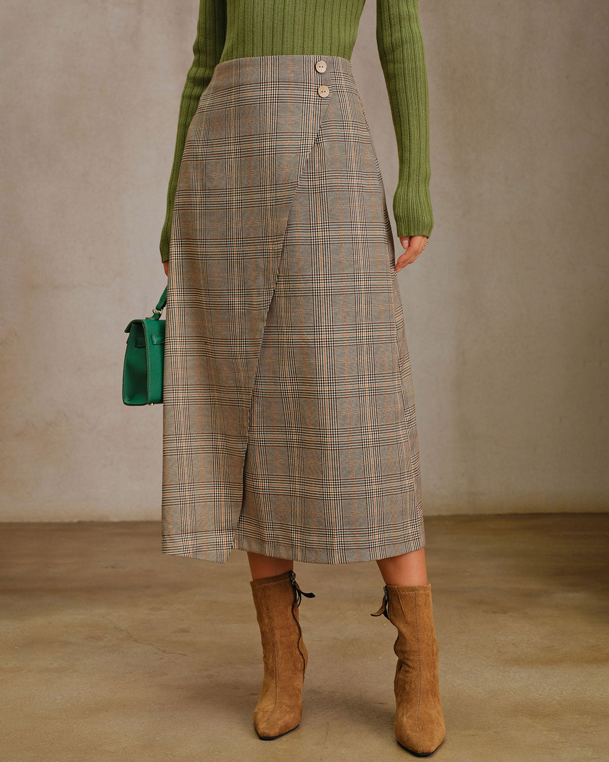 Khaki Plaid Wrap Slit Midi SKirt