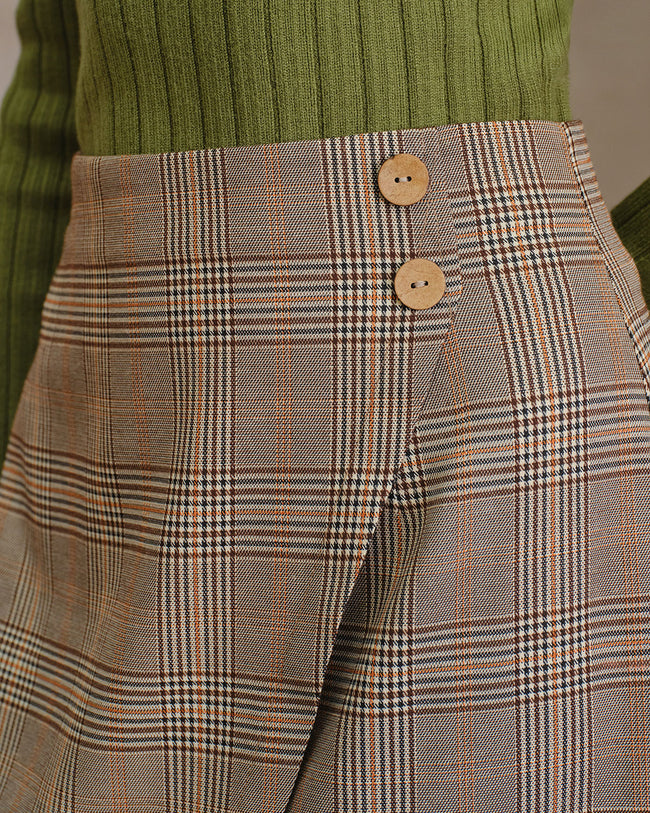 Khaki Plaid Wrap Slit Midi SKirt