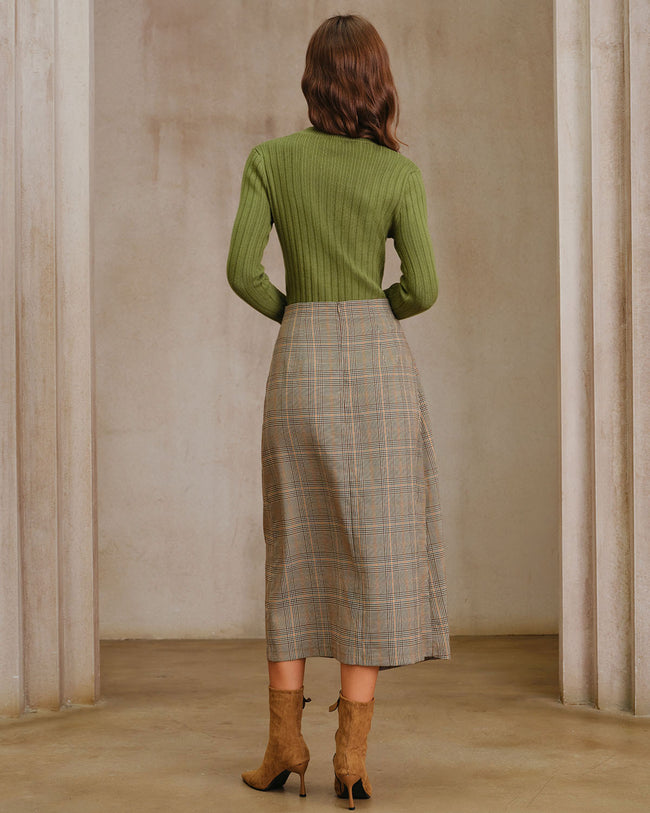 Khaki Plaid Wrap Slit Midi SKirt