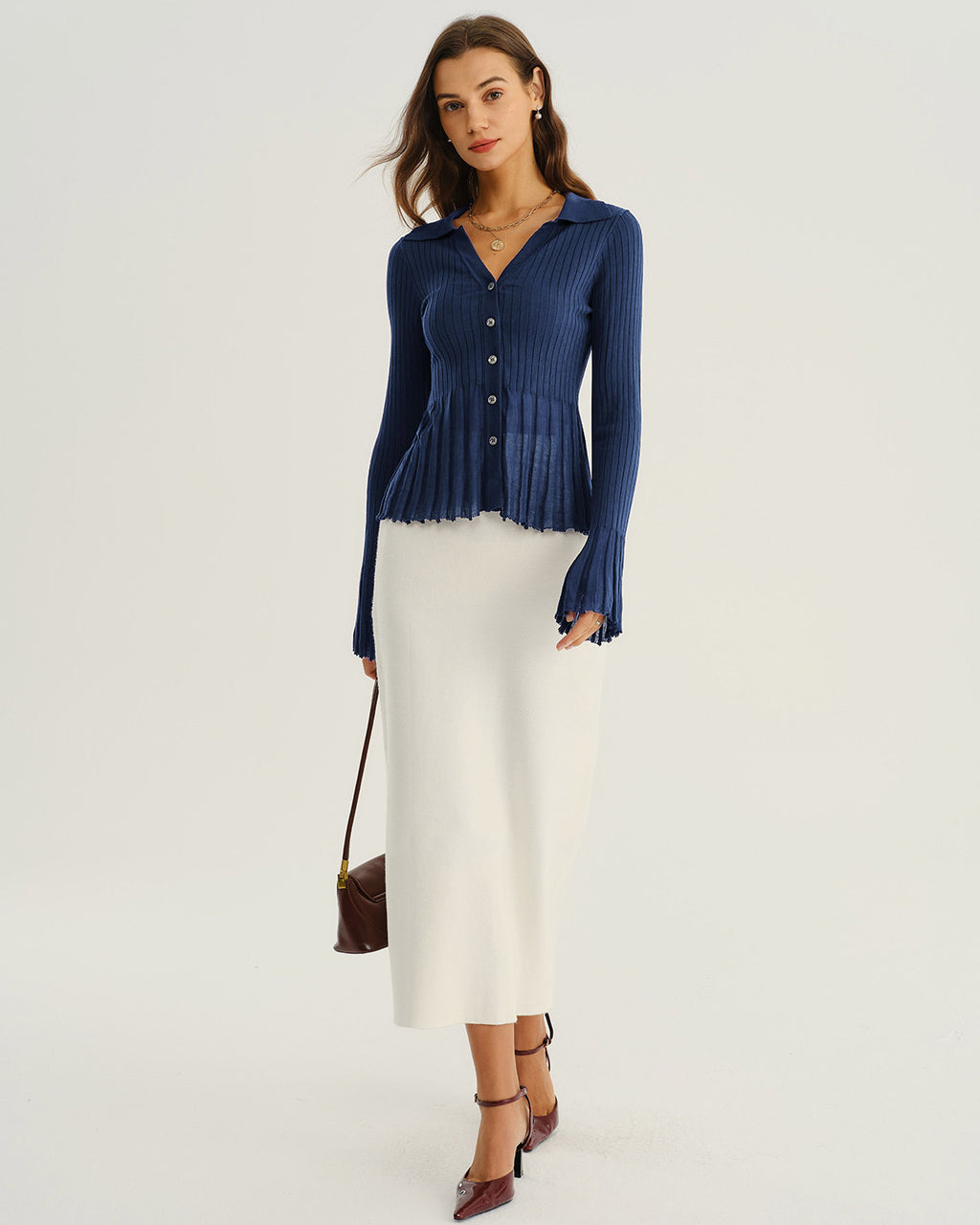 Blue V-Neck Bell Sleeve Knit Cardigan