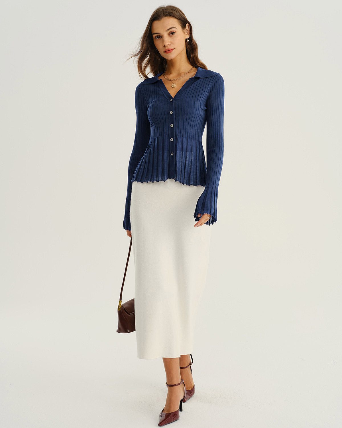 Blue V-Neck Bell Sleeve Knit Cardigan