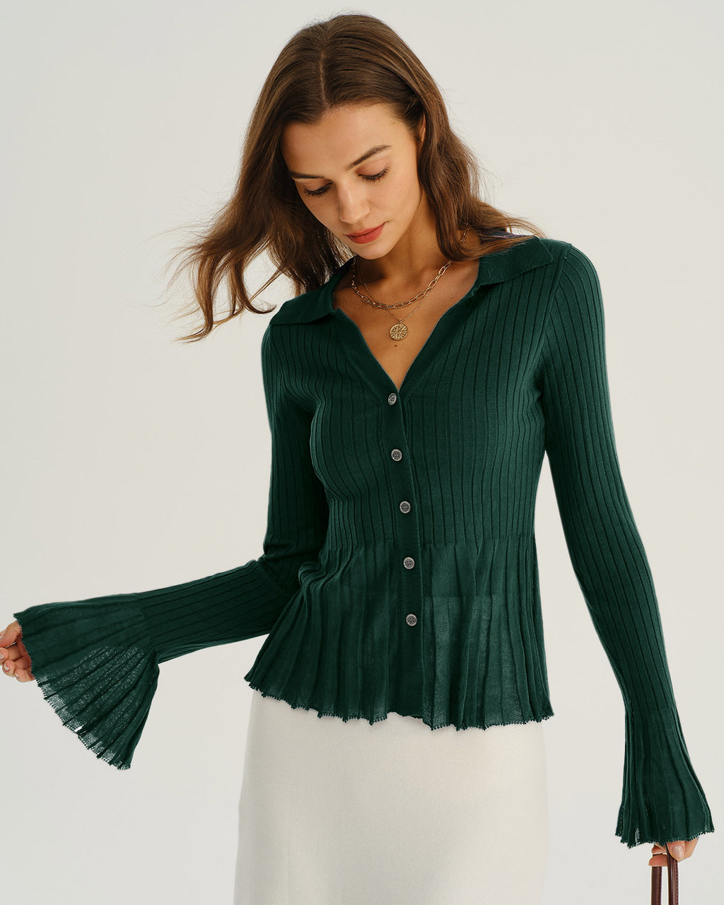 Green V-Neck Bell Sleeve Knit Cardigan