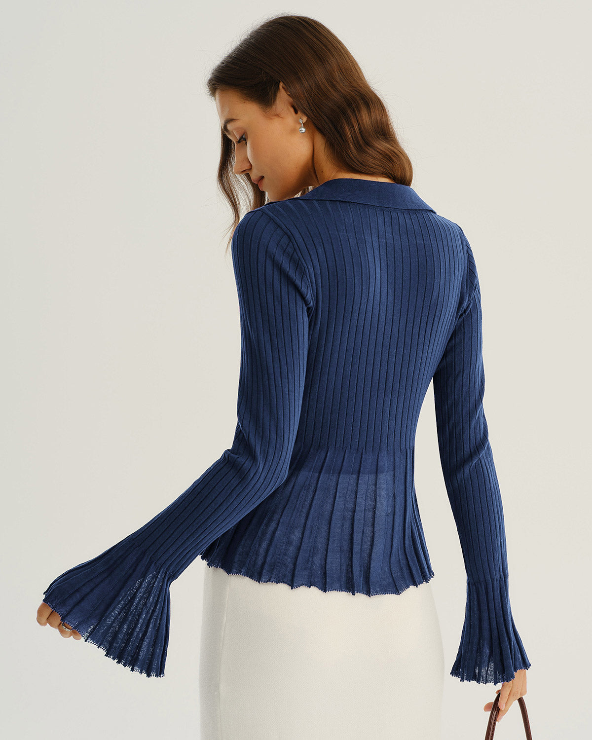 Blue V-Neck Bell Sleeve Knit Cardigan