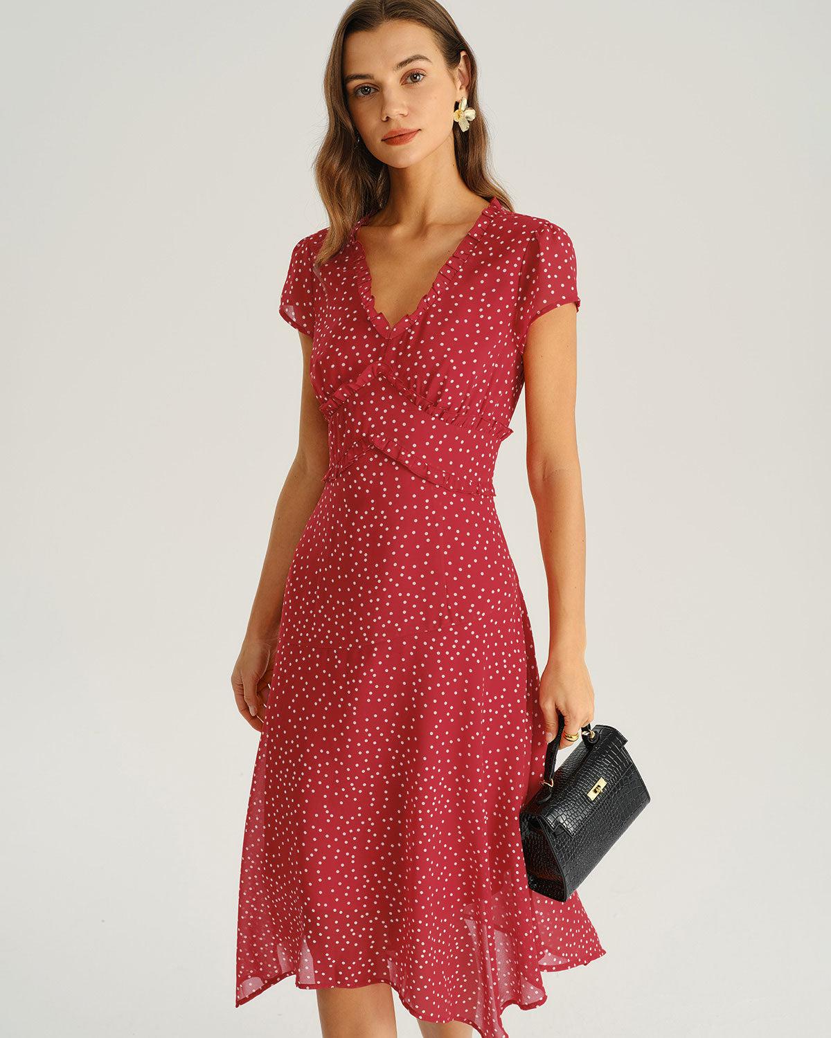 Red Polka Dot Cap Sleeve Midi Dress