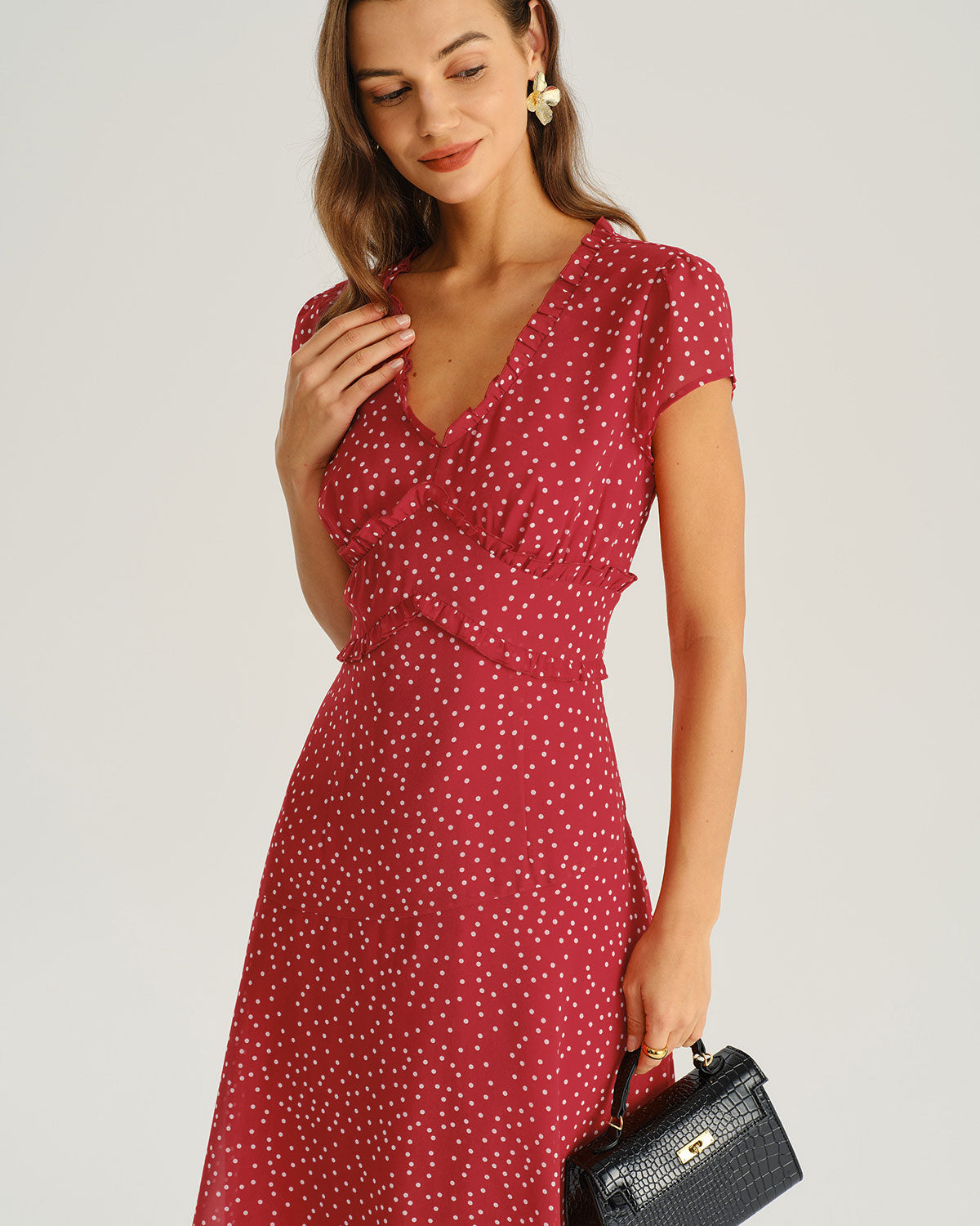 Red Polka Dot Cap Sleeve Midi Dress